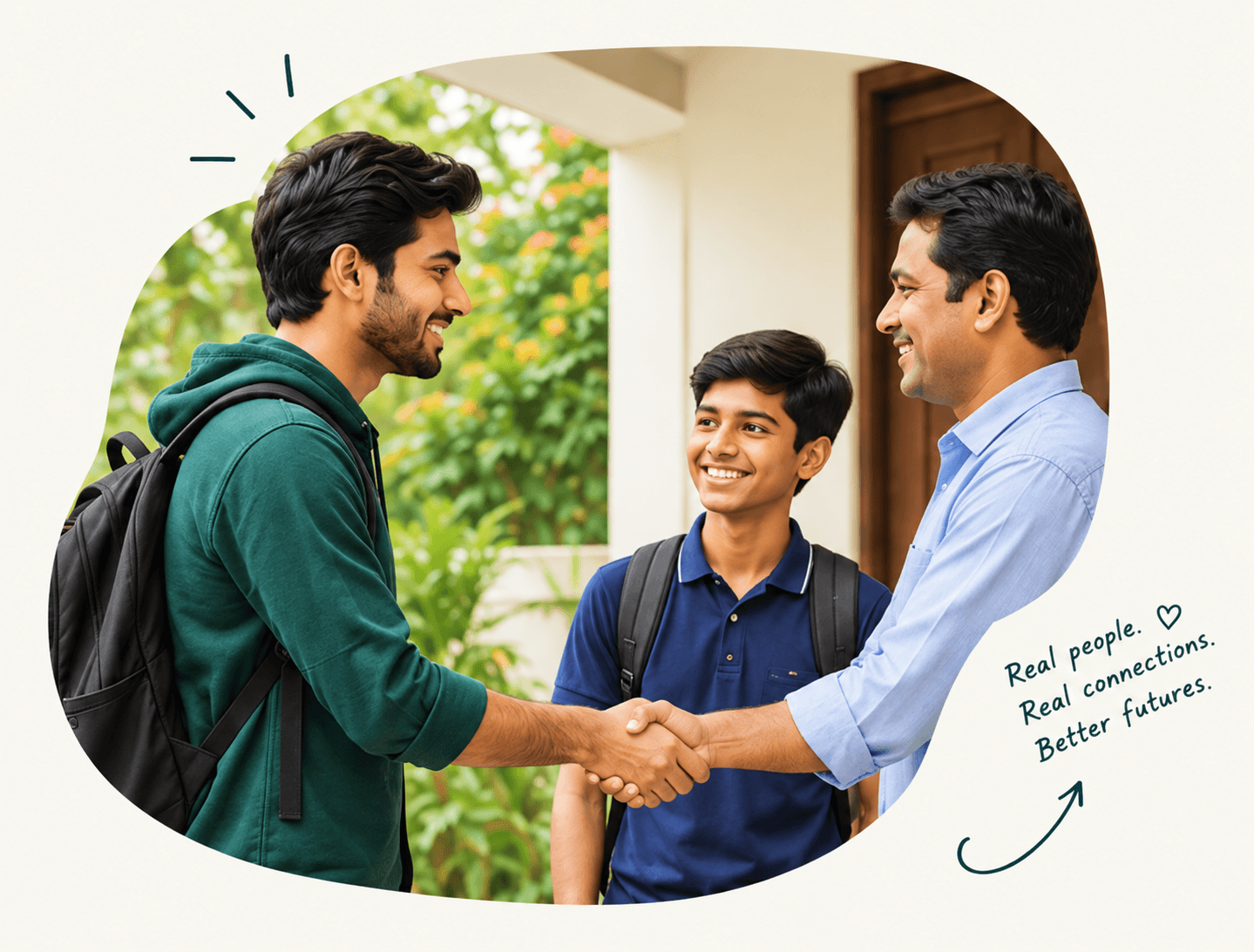 A guardian and a tutor shaking hands while a smiling student looks on