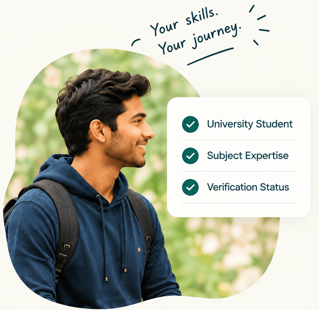 A university student tutor, with a panel noting university student status, subject expertise, and verification status