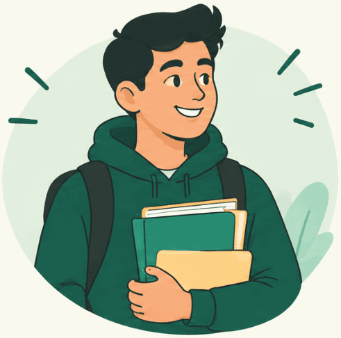 A smiling student tutor carrying a backpack and textbooks