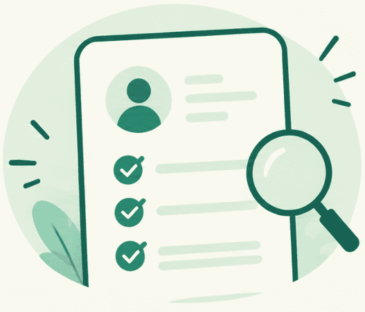 A verification checklist with a magnifying glass reviewing a tutor profile